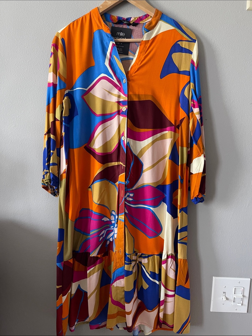 Mile Gia Bold Floral Button-Front Dress in Orange & Blue